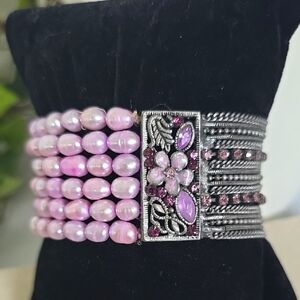 Silver Tone Multi Chain Lavender Dyed Baroque Pearls Enameled Stretch Bracelet